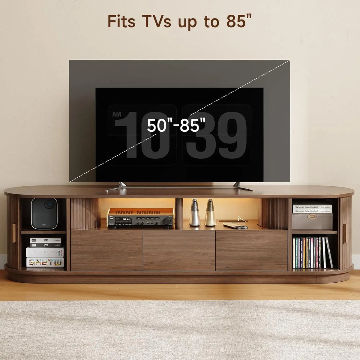 71" TV Stand with Power Outlet, 3 RGB LED Lights, for 85" TVs - 3-Drawer Mid Century Modern Entertainment Unit w/ Adjustable Shelf & Sliding Door Cabinet