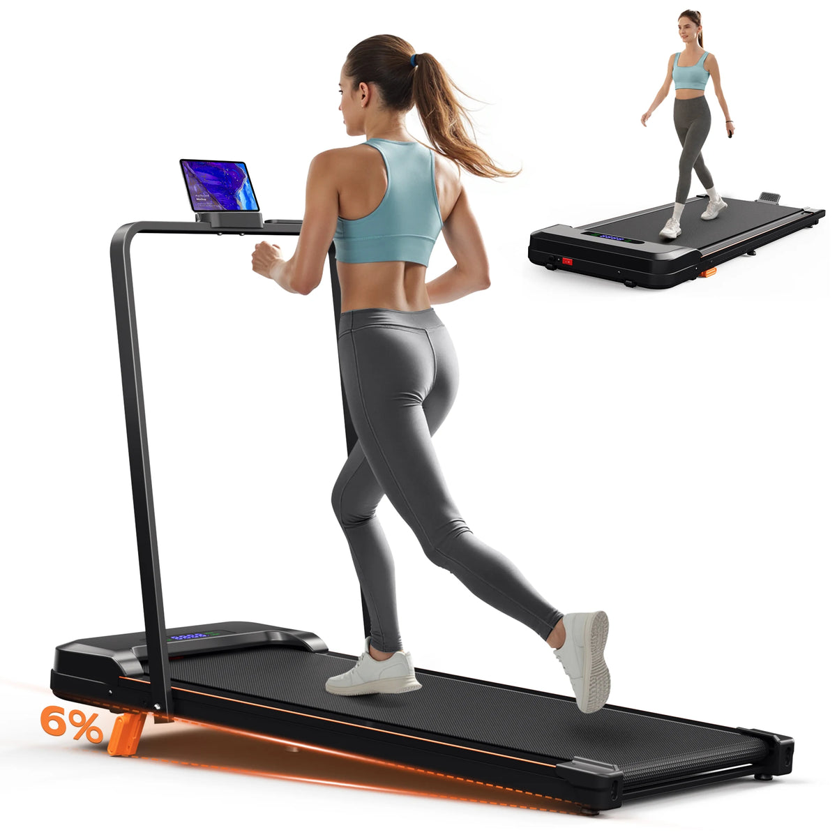 KERDOM 4 in 1 Climbing Treadmill with Handrail Handle Bar, Low Noise Running Pad with 6% Incline for Home Gym Fitness, LED Display & Phone Holder, Under Desk Portable Folding Walking Pad Space Saving for Office/Jogging/Pet Ex