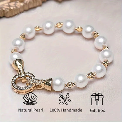 MYSOYA 10-11mm Freshwater Pearl Bracelet Diamond Accented Round Clasp Unisex Jewelry Perfect Gift For Wedding Birthday New Year
