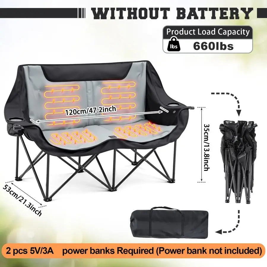 Double Heated Double Camping Chair for Adults, Oversized 660lbs Camping Chair with 4 Heating Zones amp 3 Heat Levels Folding Sea