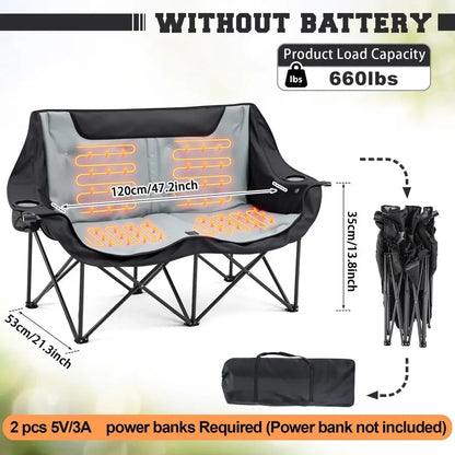 Double Heated Double Camping Chair for Adults, Oversized 660lbs Camping Chair with 4 Heating Zones amp 3 Heat Levels Folding Sea