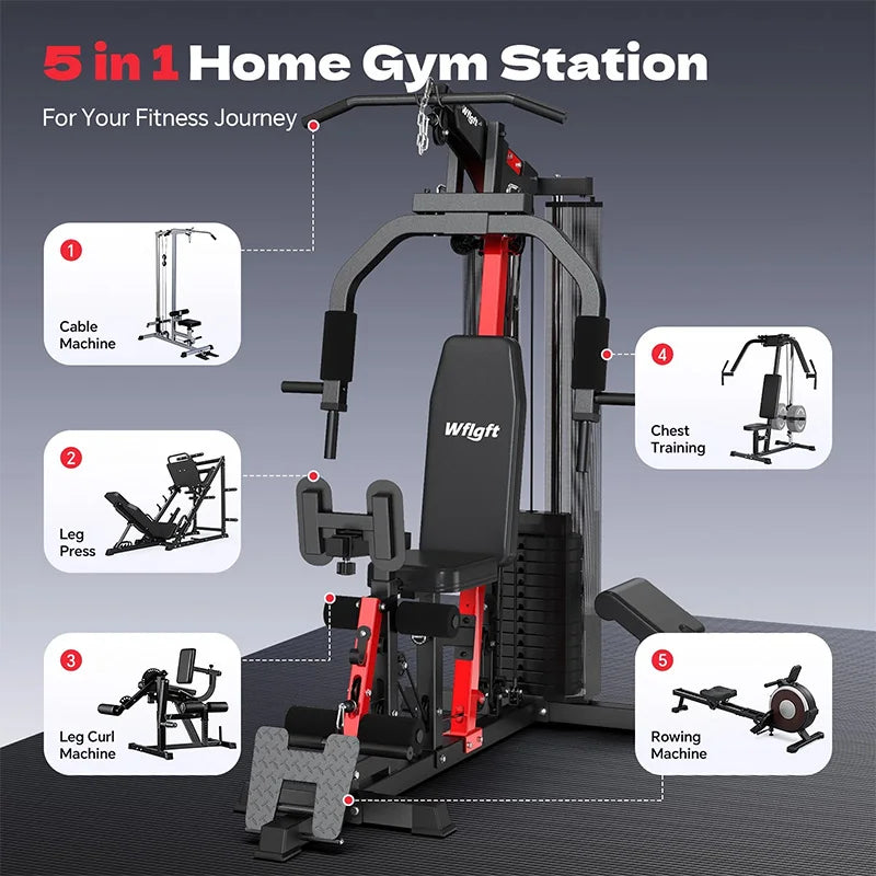 Pooboo Home Gym Workout Equipment 148 LB Weight Stack, Full Body Workout Machine for LAT Pulldown, Chest Press, Leg Extension & Strength Training, Multi Function Fitness Equipment