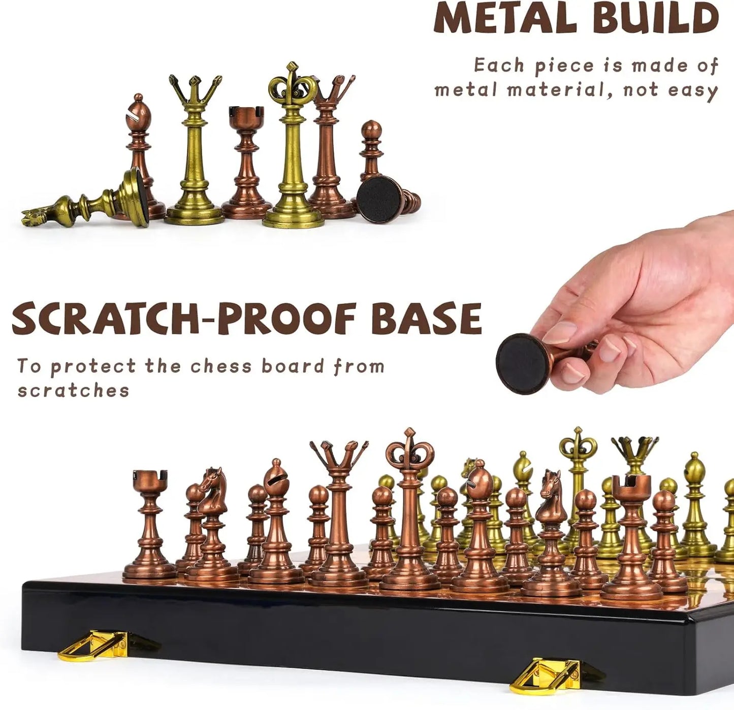 Vintage Metal Chess Set, 15' Wooden Board with Retro Chess Pieces – Travel Friendly Collectible Game for Adults & Kids