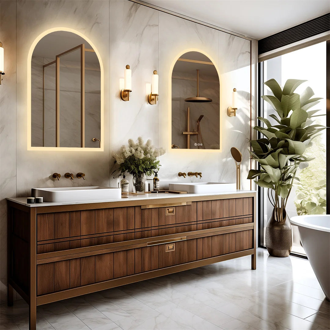 LUVODI Arched Backlit Bathroom Mirror Touch Screen LED Vanity Mirror with Time And Temperature Display Smart Bathroom Decor
