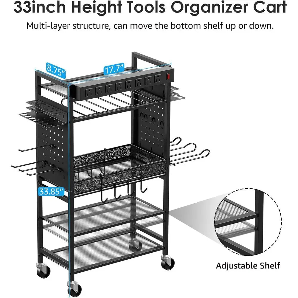 Black Rolling Garage Storage Cart with Power Tool Organizer and Charging Station for Mechanics