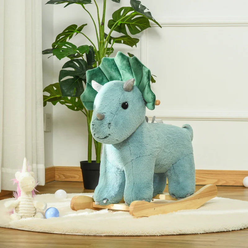 The Dark Green Dinosaur Riding Toy Horse  With Realistic Sound Effects  Is A Plush Animal-filled Toy Suitable For Children
