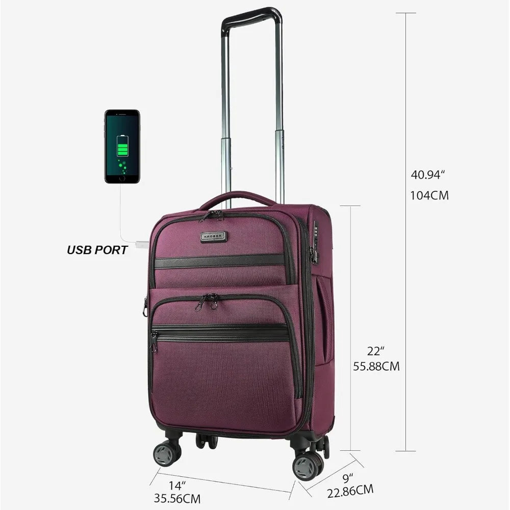 Expandable Softside Spinner Luggage with USB Port, TSA Lock, and Durable Rolling Suitcase for Travel