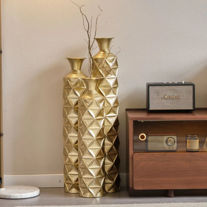 Large Size Metal Decorative Vase Set 3D Triangle Pattern 3 Sizes (33.5\" 29.5\" 25.2\") In High Gold For Home Decoration USA