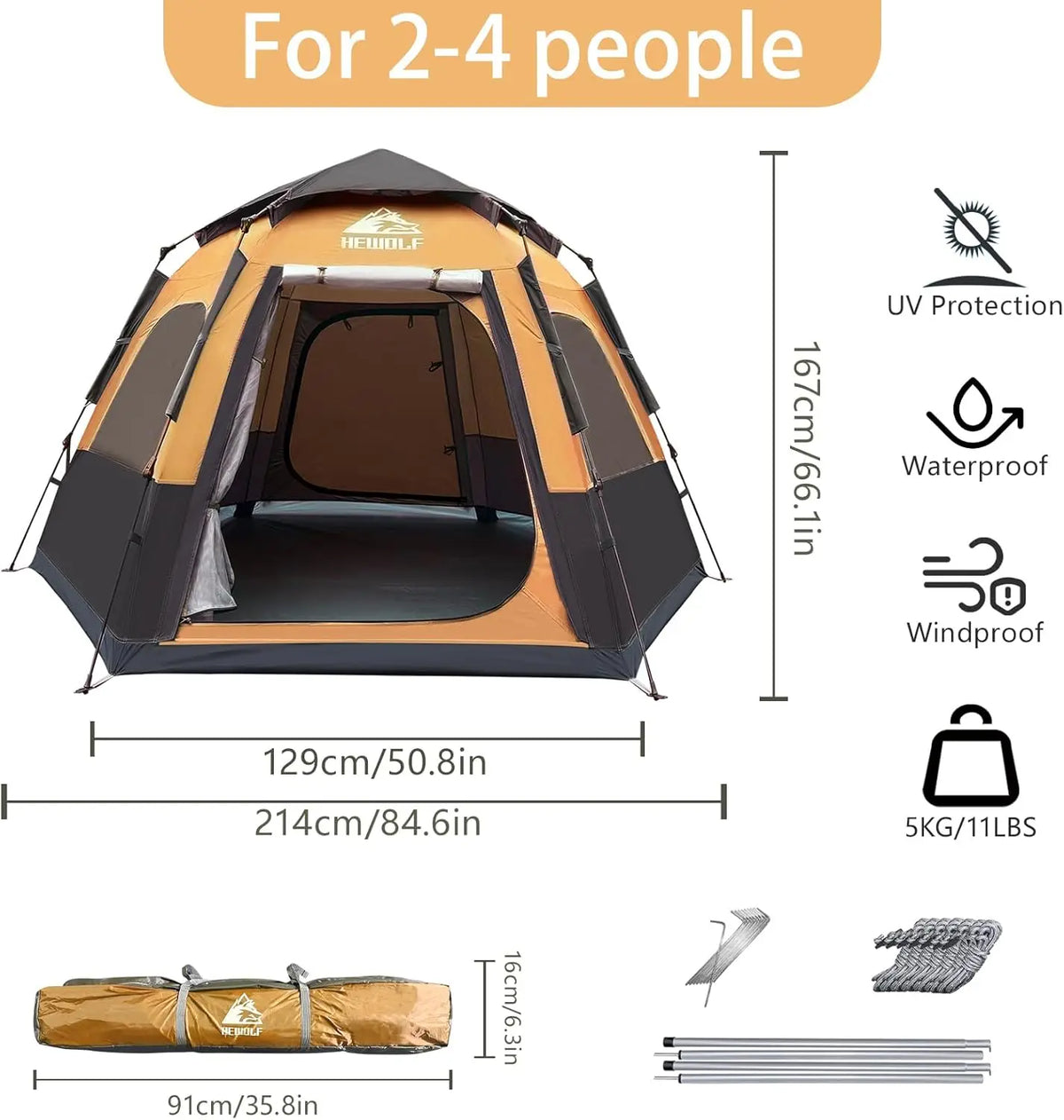 Instant Pop Up 2/3/4 Person Camping Tent, Waterproof with 2 Doors, Easy Setup Hexagonal Dome 3-Season Shelter for Family Hiking and Travel