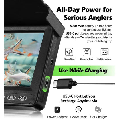 Portable 4.3 Underwater Fishing Cam with 1000 TVL, 65ft Magnetic Spool, IR, USB-C, 5000mAh Battery for Ice & Lake Fishing