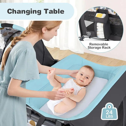 Portable Baby Playard with Bassinet, Cradle, Diaper Bag, Music, and Changing Station in Blue