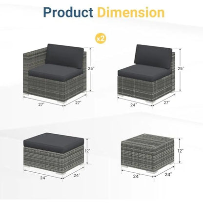 5-Pieces Outdoor Patio Furniture Sets with Cushions & Glass Coffee Table, All Weather Wicker Rattan Sectional Sofa Set