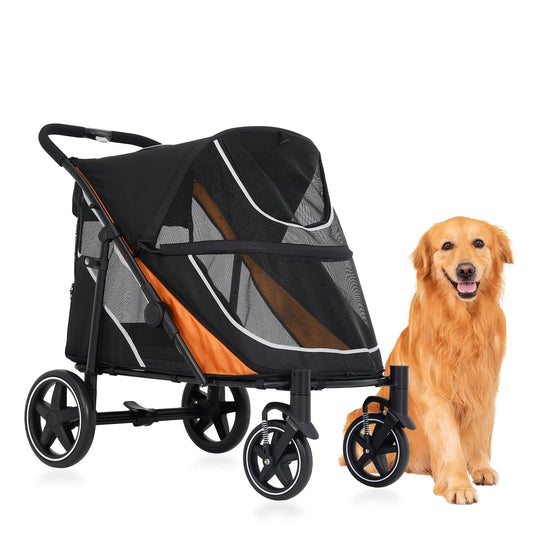 Pet Stroller for Large Medium Dogs & Cats, One Hand Foldable All Terrain Pet Wagon Cart, Dual Entry Removable Washable Liner