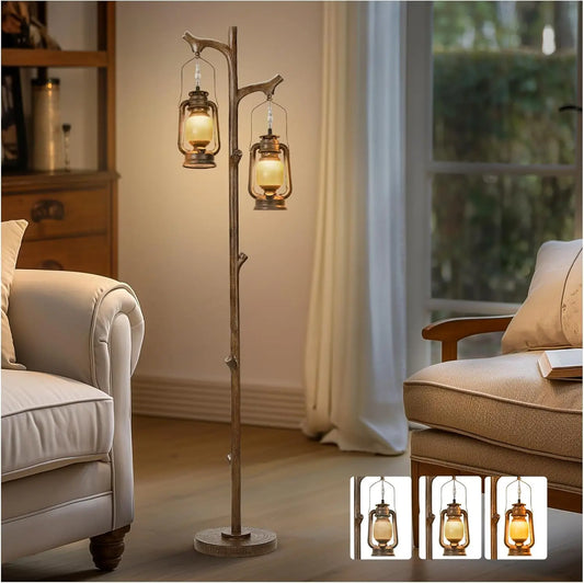 68" Rustic Farmhouse Tree Trunk Floor Lamp with Lantern, Stepless Dimmable, Brown Wood Finish for Living Room Bedroom Office