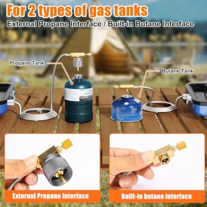 2 Burner Propane Camping Stove with 20000 BTU/h Output Includes Frying Pan Kettle and Pot Adjustable Burners with Piezo Ignitio