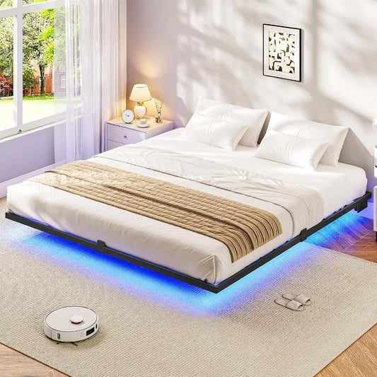 Floating Bed Frame King Size, King Bed Frame with Smart LED Lights and Charging Station, Modern Metal Platform Bed, No Box Spri