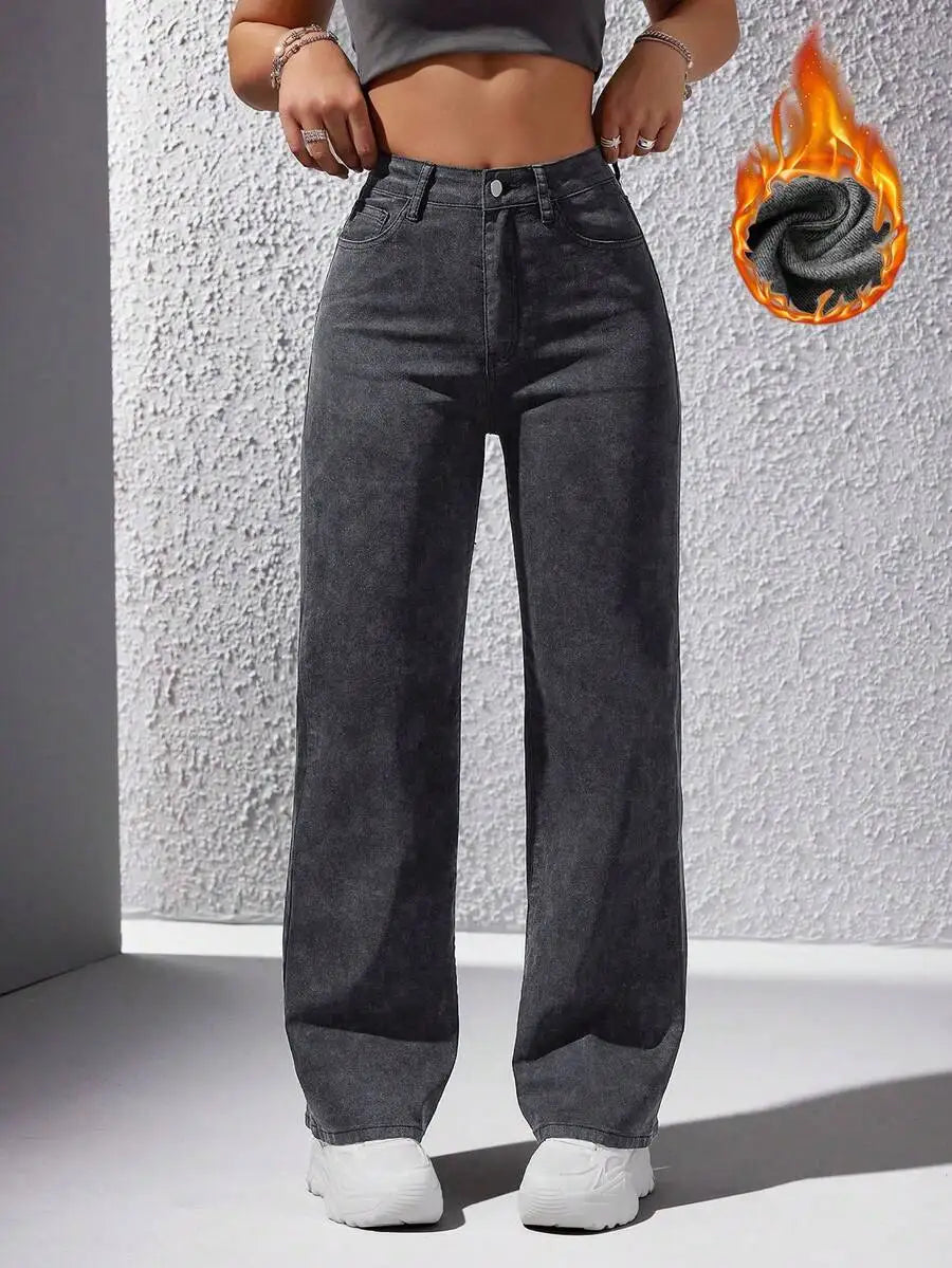 High Waist Wide Leg Washed Denim Jeans for Women - Casual Streetwear Style