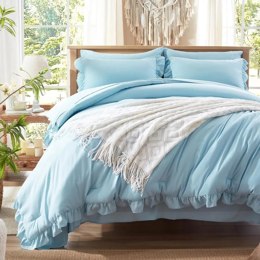 Queen Bed in a Bag 7 Piece Blue Shabby Chic All Season Ruffle Bedding Set with Comforter Pillow Shams Pillowcases Flat Sheet Fi