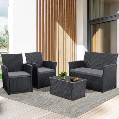 4 Piece Outdoor Patio Furniture Sets for Balcony Porch Backyard: Durable Rattan Conversation Sofa Set with Black-Grey Finish We