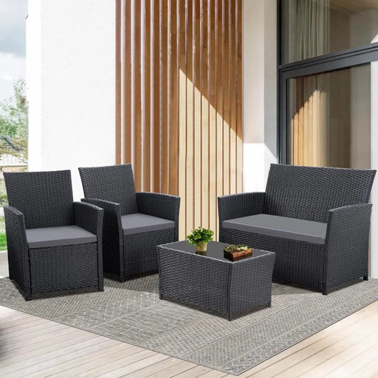 4 Piece Outdoor Patio Furniture Sets for Balcony Porch Backyard: Durable Rattan Conversation Sofa Set with Black-Grey Finish We