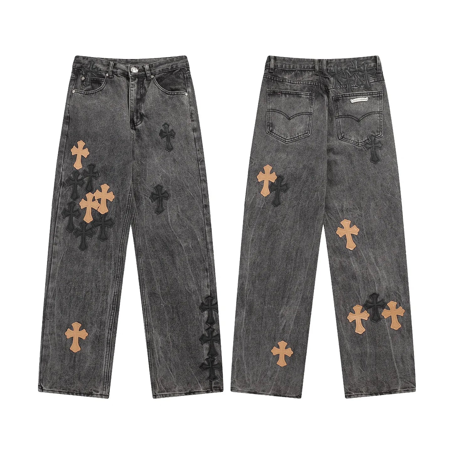 Classic Luxury Brand Men Women Leather Jeans Totem Patch Casual Pants Fashion Metal Embellished Couple Wear 2025