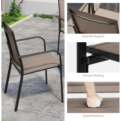 5 Pieces Outdoor Dining Set, Patio Furniture Set of 4 Textilene Chairs with Square Metal Slatted Table with Umbrel