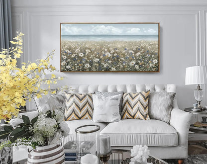 Large Framed Coastal Floral Canvas Wall Art for Living Room, Farmhouse Decor, 48x24 Inches