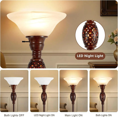 70' Victorian Torchiere Floor Lamp with Night Light, Rotary Switch & Etched Glass Shade, Retro Standing Lamp for Living Room, Be