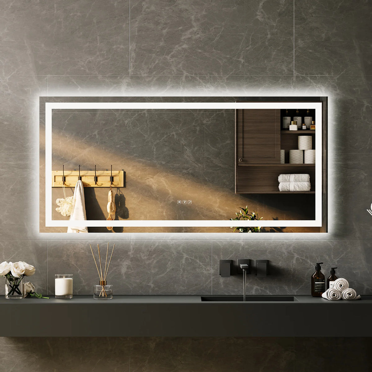 LED Bathroom Mirror with Memory, Stepless Dimmable/Anti-Fog/Shatter-Proof/Front&Backlit, Lighted Vanity Mirror, Wall Mount