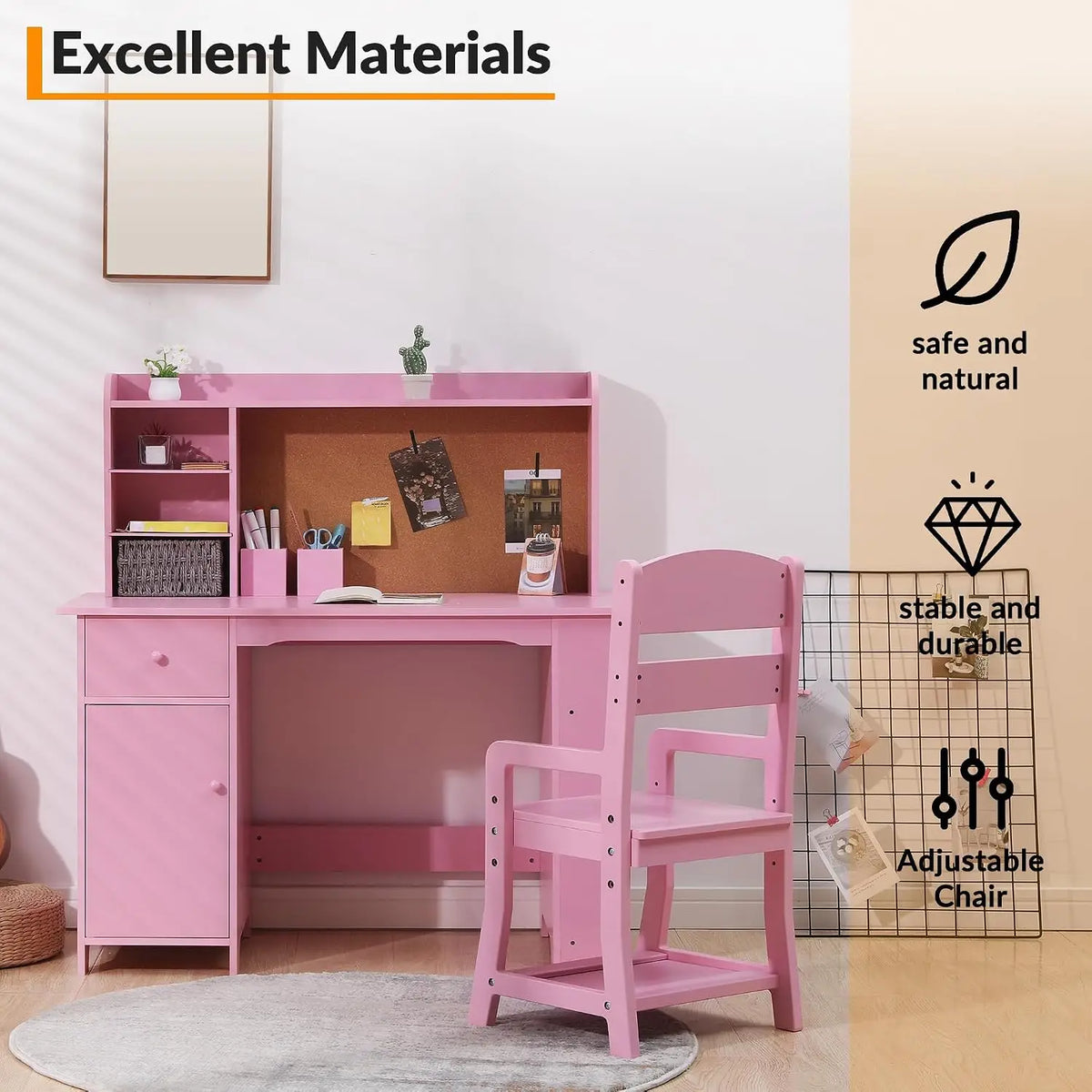 Kids Desk and Chair Set, Wooden Study Table with Bookshelf, Bulletin Board, Storage Shelf, Cabinet & Drawer, Homework Writing Desk for Ages 3-8, Pink