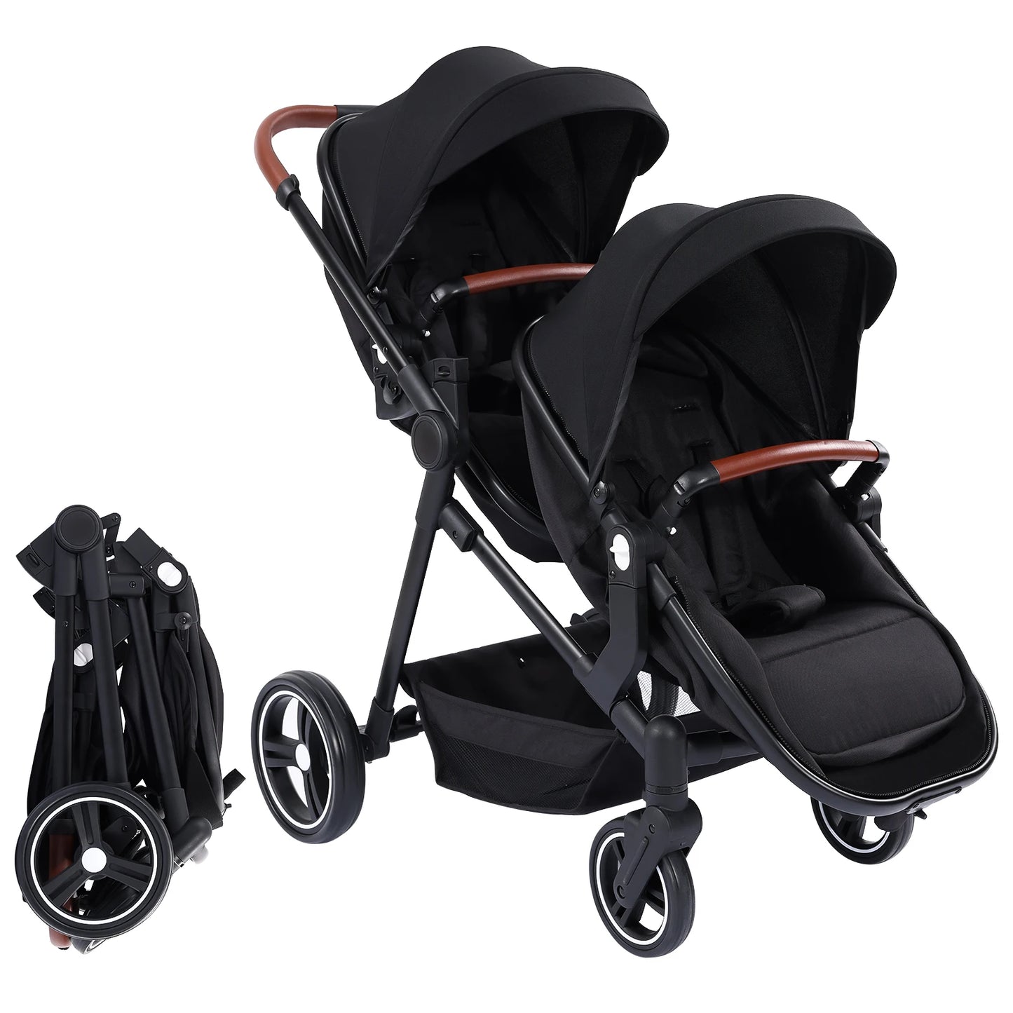 Double Stroller Track Tandem Stroller for Infant and Toddler, Foldable Pushchair Bassinet Pram, Multi-Position Reversible
