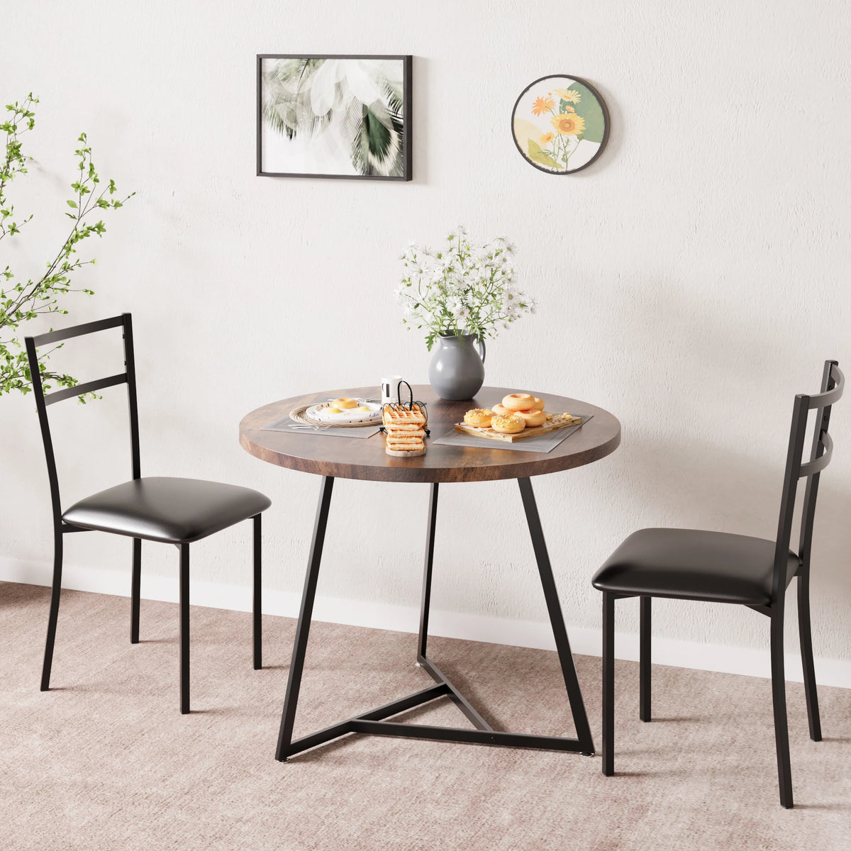 Dining Table Set for 2, Round Kitchen Table and PU Padded Chairs, 3 Piece Dining Room Table Set,Coffee Table and Chair Round Office Conference Reception Coffee Table for Kitchen