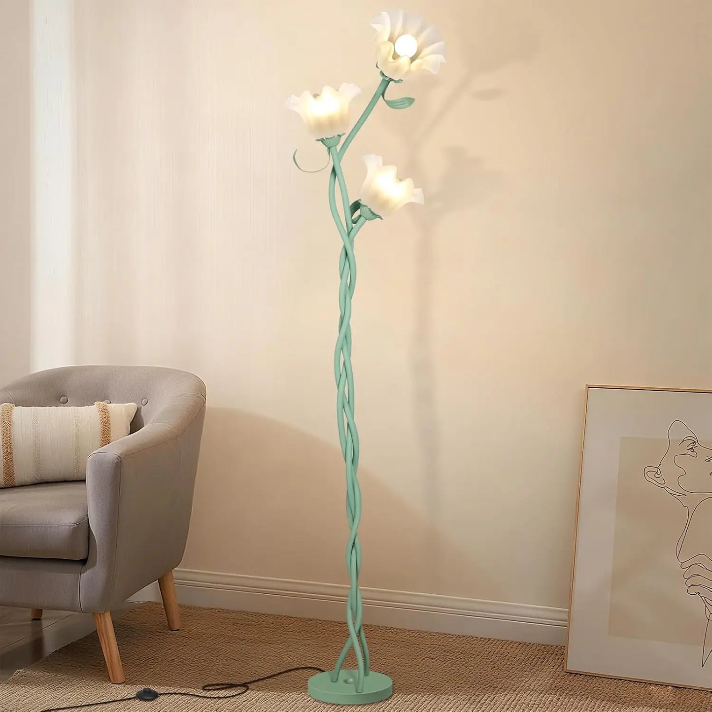 Cute Flower Floor Lamp, 3-Head LED Standing Lamp with Flexible Gooseneck, 3 Color Temperatures, Green