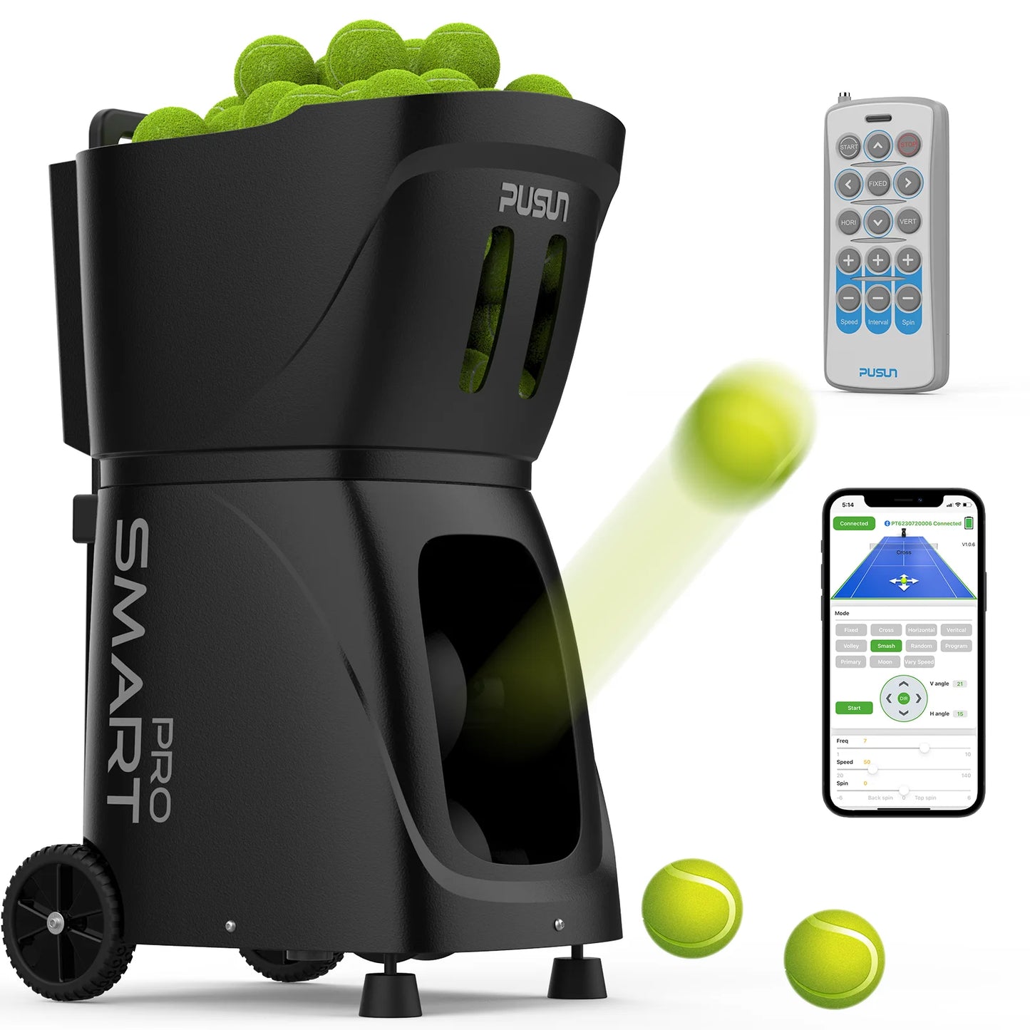 PUSUN PT-Smart Pro Tennis Ball Machine for Professional Training, Large Capacity, App&Remote Adjust Speed/Freq/Angle, DIY Train