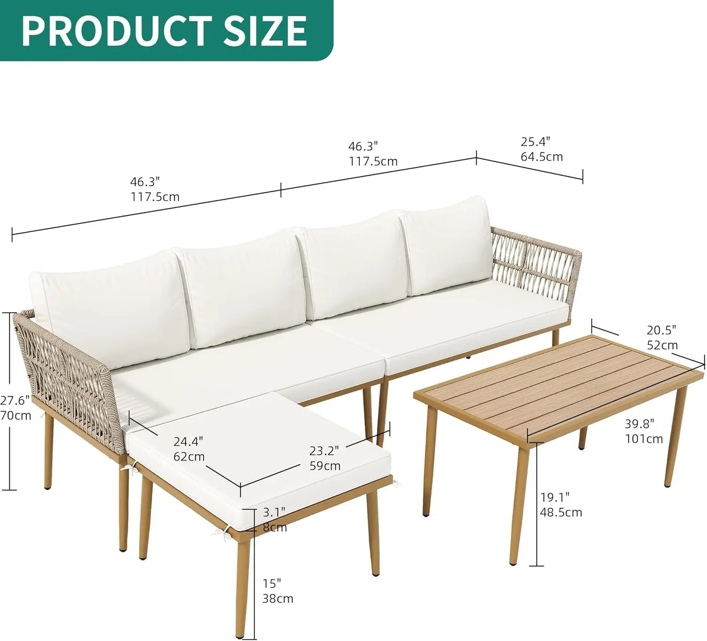 6-Piece Outdoor Rattan Sofa Set with Ottoman and Side Table, Boho Beige Patio Furniture for Backyard