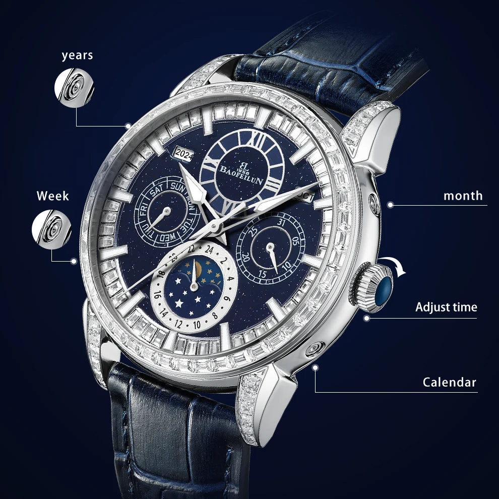 BAOFEILUN Luxury Diamond-Set Automatic Watch Moon Phase Full Calendar 5ATM Leather Strap Sapphire 42mm Men's Starry Sky Watches