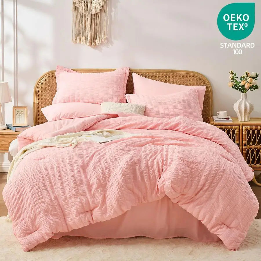 Pink Queen Comforter Set 7 Pieces, Luxury Seersucker Bed in a Bag Queen Size for All Seasons, Soft Bedding Set with Comforter, F