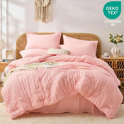 Pink Queen Comforter Set 7 Pieces, Luxury Seersucker Bed in a Bag Queen Size for All Seasons, Soft Bedding Set with Comforter, F