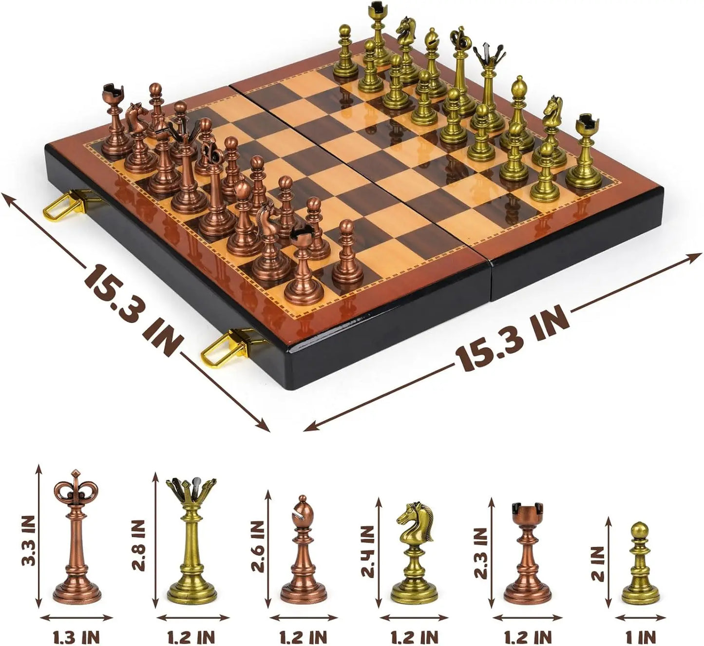 Vintage Metal Chess Set, 15' Wooden Board with Retro Chess Pieces – Travel Friendly Collectible Game for Adults & Kids