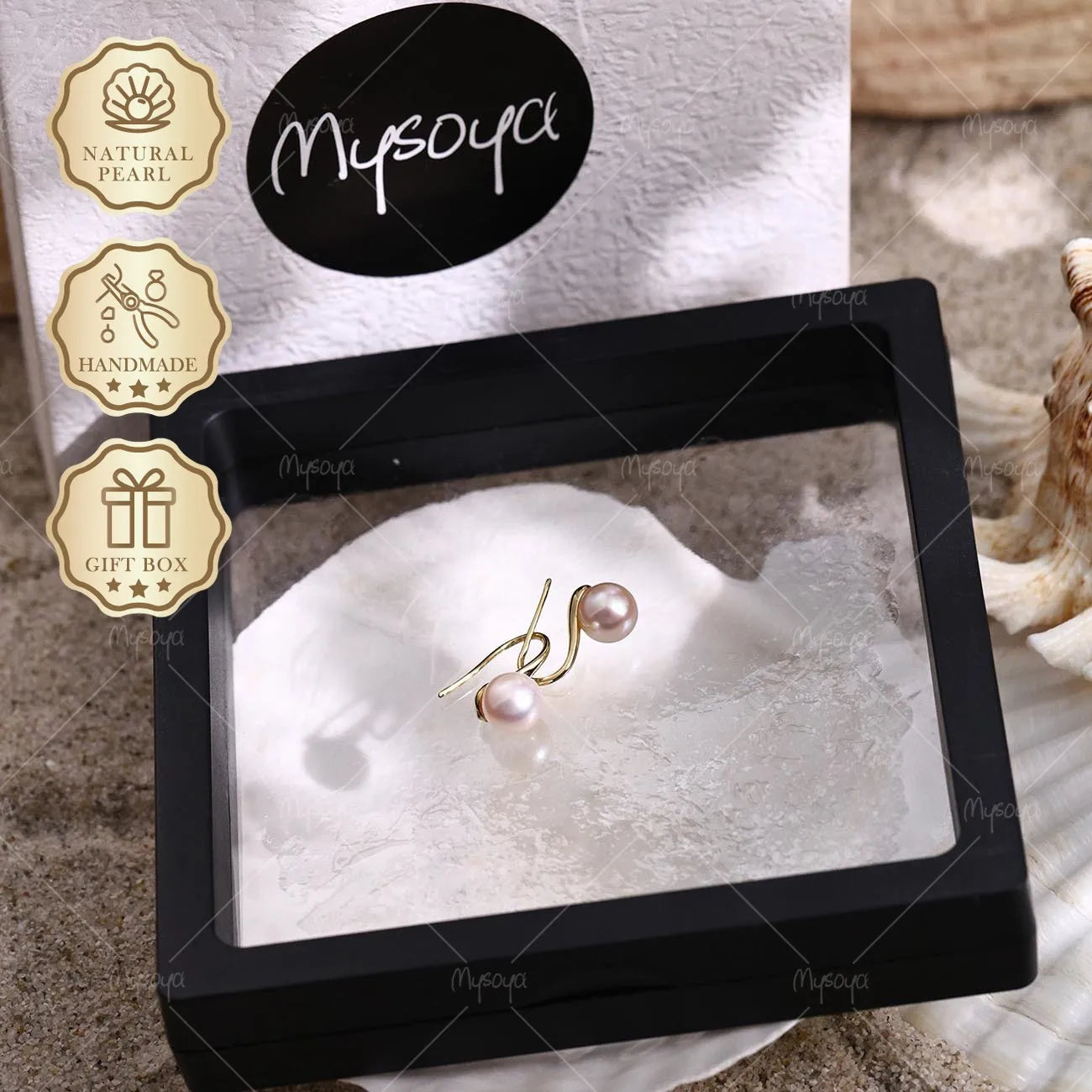 Mysoya Japan Akoya Pearl Stud Earrings 7.5-8mm Golden S925 High Heel Gift Box Valentine's Day Birthday Gift For Her