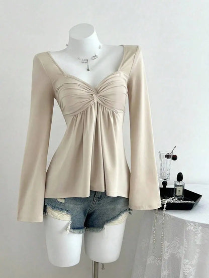 Women's Twist Front V-Neck Long Sleeve Top with Bell Sleeves, Casual Elegant Spring Autumn Blouse