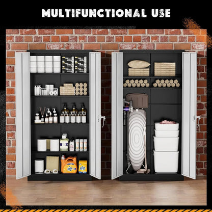 Metal Storage Cabinet, Garage Steel Locking Cabinets with Doors and 4 Adjustable Shelves, TallLockableFileToolCabinetsBlack-Grey