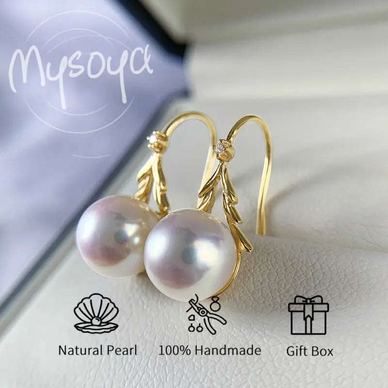 MYSOYA Japan Akoya Seawater Pearl Ear Hook Drop Earrings Stud Earrings 7-7.5 Mm With Gift Box For Her Him For Birthday Wedding