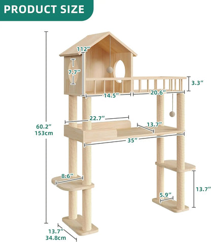 Tall Solid Wood Cat Tree with Litter Box Enclosure, Multi-Level Cat Furniture with Scratching Post and House