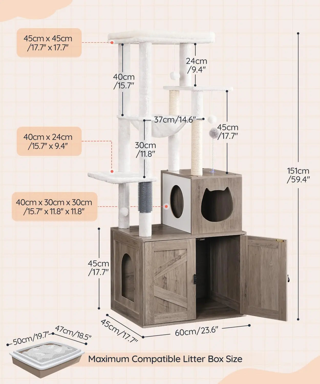 Tall Cat Tree with Hidden Litter Box, Multi-Level Play Tower for Indoor Cats, Sisal Posts and Cozy House
