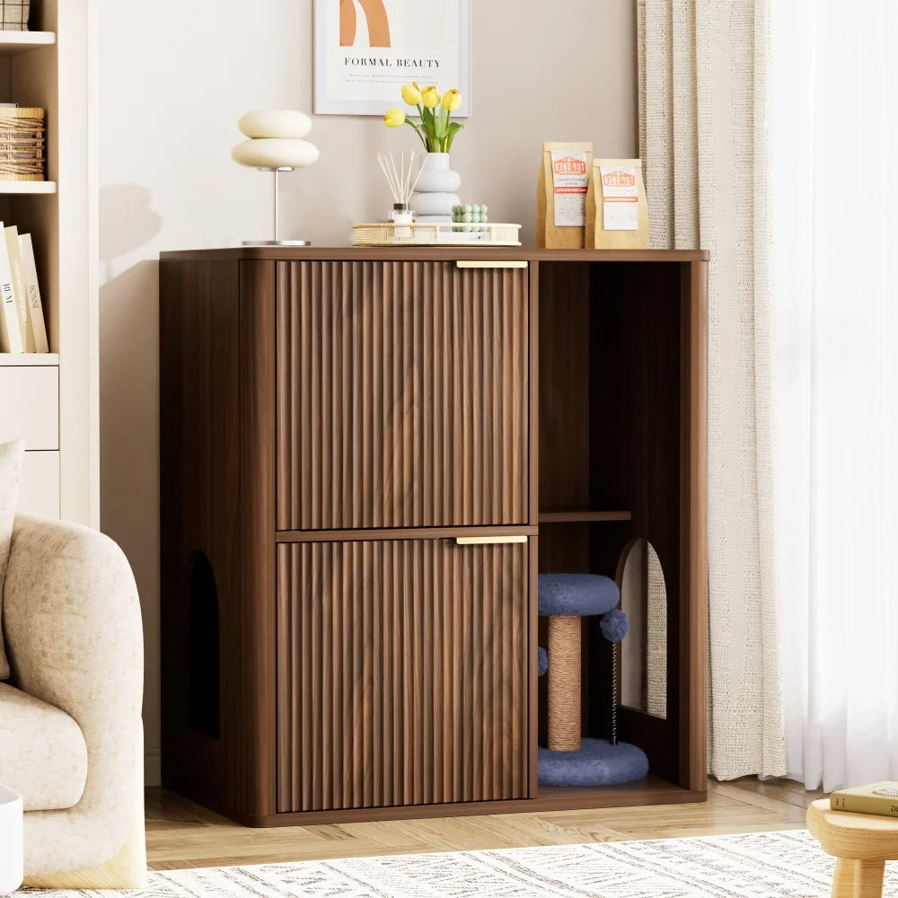 Walnut Cat Litter Cabinet Cat Tree - Grooved Concealed Litter Featuring Dual Cat Doors and Storage Shelves,Versatile Pet Cabinet