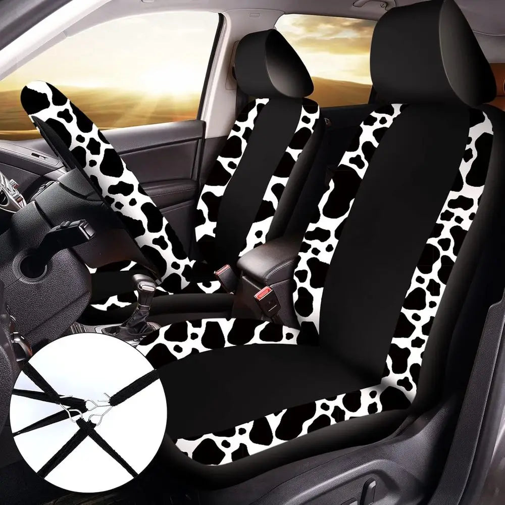 26 Pcs Cow Print Car Accessories Cow Print Seat Covers Set Steering Wheel Cup Holders Foot Armrest Pads License Plate Seat Belt