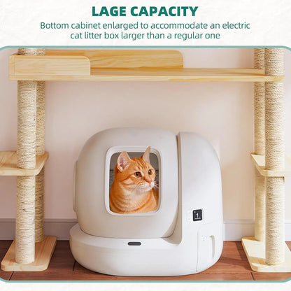 Tall Solid Wood Cat Tree with Litter Box Enclosure, Multi-Level Cat Furniture with Scratching Post and House