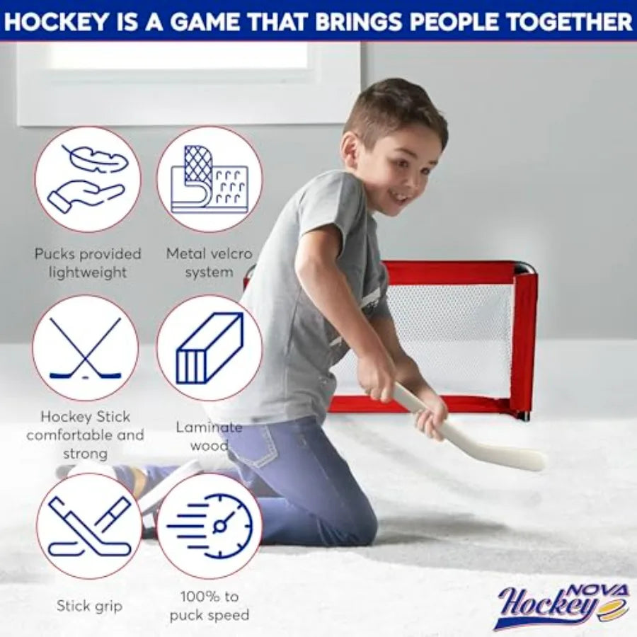 Nova Hockey Complete Set Table/Floor Hockey Game Goalie Net with 1 Puck and 2 Sticks in White for Indoor Outdoor Use
