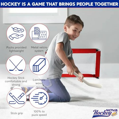 Nova Hockey Complete Set Table/Floor Hockey Game Goalie Net with 1 Puck and 2 Sticks in White for Indoor Outdoor Use